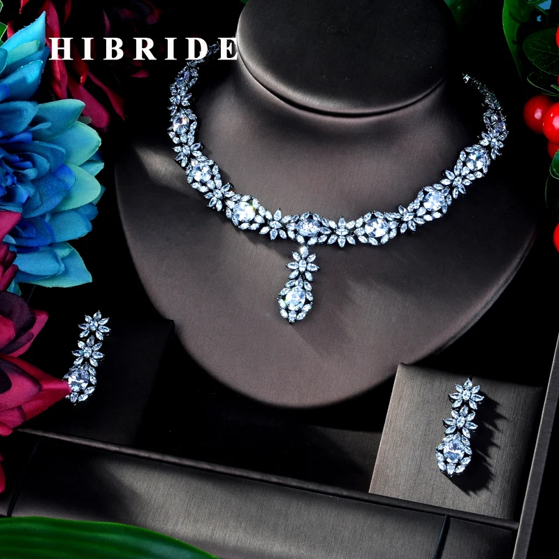 

HIBRIDE New Flower White Gold Clear Cubic Zircon Pendant Women Jewelry Set For Bridal Party Accessories Jewelry Gifts N-934