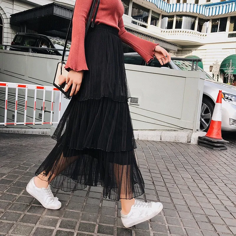 Spring Sweet Cake Layered Long Mesh Skirts Casual Princess High Waist ...