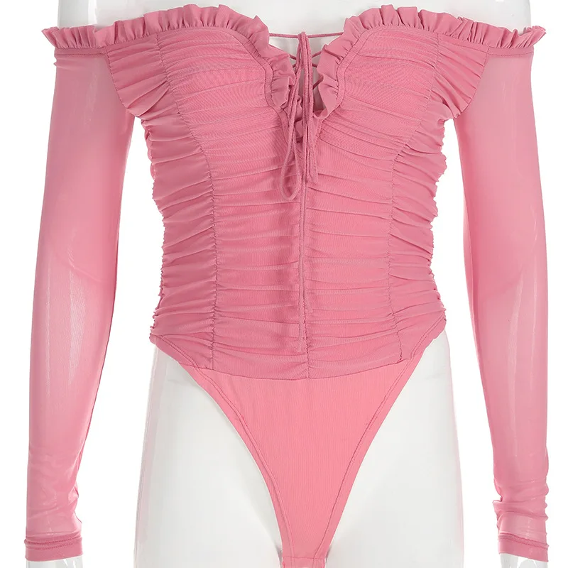 2019 new Ruched Lace Up Pink Mesh Sexy Bodysuit Women Off Shoulder Long Sleeve Body Suit Top Bodycon Jumpsuit Spring 2019 new Ruched Lace Up Pink Mesh Sexy Bodysuit Women Off Shoulder Long Sleeve Body Suit Top Bodycon Jumpsuit Spring