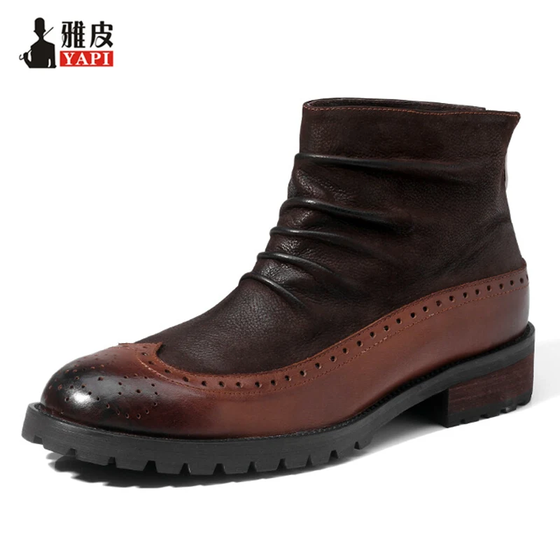 

Retro Men Boots Full Grain Leather British Style Craved Wrinkle Martin Boots Business Man Brogue Shoes Winter Snow Boots