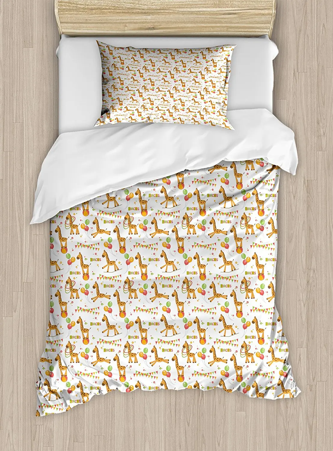 

Giraffe Duvet Cover Set Circus Pattern with Playful Cartoon Characters Colorful Flags Balloons Hula Hoops Decor 4pcs Bedding Set