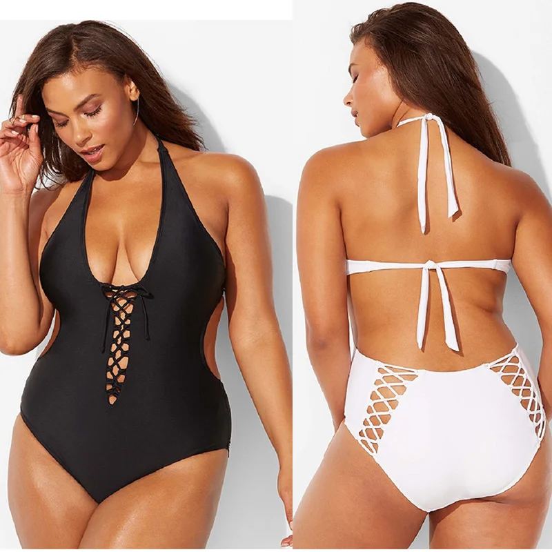

Plus Size Swimsuit Women Solid Color Bandage Swimwear Cut out Black White Polyester Hanging Neck Backless Swimsuits Large M-5XL