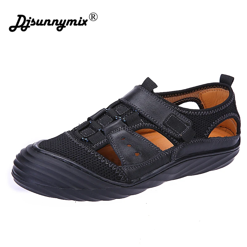 

DJSUNNYMIX Men Sandals Genuine Leather Cowhide Male Summer Shoes Outdoor Beach Slippers Casual Suede Leather Gladiator Sandals