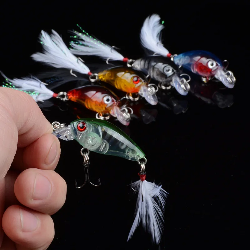 Партия 50 шт. изысканные мини-приманки, рыболовные приманки 4,5 см 4 г, искусственные жесткие басы, воблер Крючки с перьями, 5 цветов
