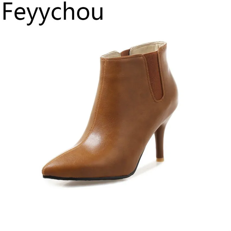 

Women Boots Autumn Winter High Heel Warm Pu Pointed Toe Ankle Slip on Chelsea Shoes 2018 Sexy Fashion Casual Yellow Black Beige