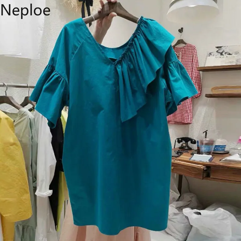 

Neploe Ruffles Blouse Female V Neck Patchwork Short Sleeve Shirt Tops for Ladies 2019 Spring OL Vintage Clothes Long Blusas