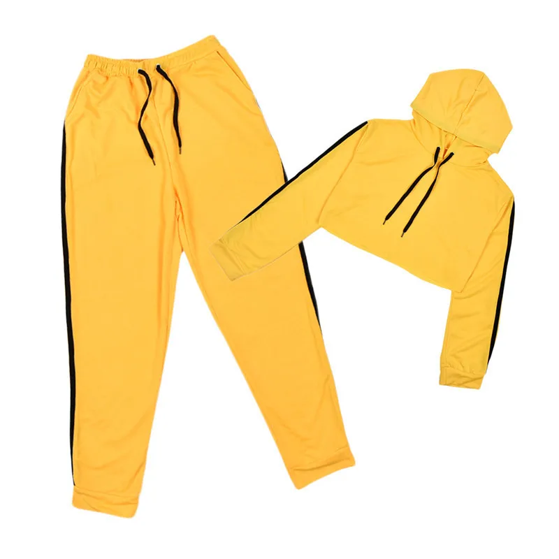 Новая тонкая одежда из 2 частей, набор для бега, женский желтый короткий топ с капюшоном и штаны, женский сексуальный костюм для отдыха из двух частей, спортивный костюм