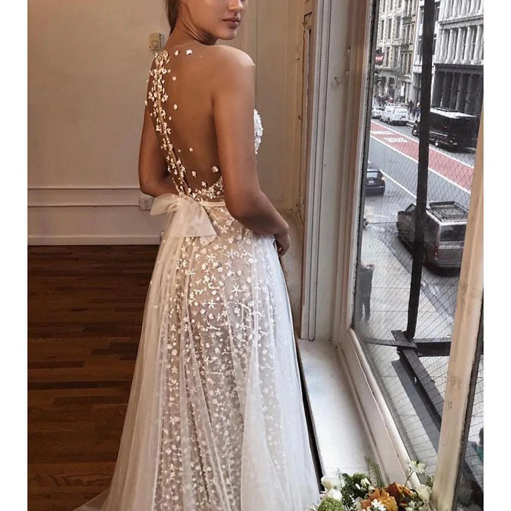 

tesettur elbise Impresión de la curva Women Sling Cross Wedding V-Neck Elegant Party Evening Slim Hollow Lace Dress платье #15