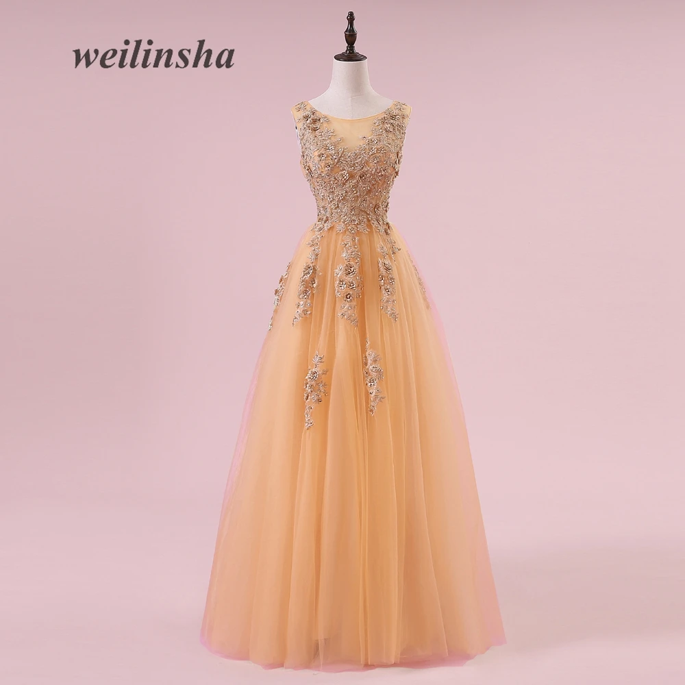 Weilinsha трапециевидной формы Тюль Длинные вечерние платья Robe De Soiree Appliques Цветы этаж Длина выпускного вечера вечерние платья