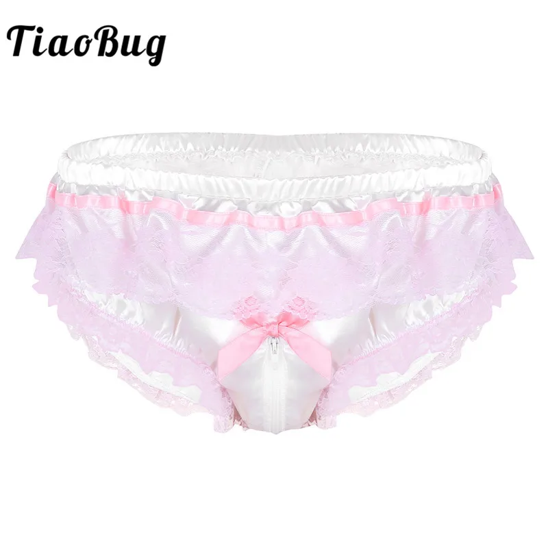 

TiaoBug Men Shiny Satin Hot Sissy Panties Lingerie Pink Ruffle Floral Lace Open Zipper Crotch High Cut Briefs Sexy Gay Underwear