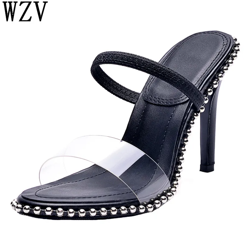 Женские туфли-лодочки прозрачная лента на высоком каблуке пикантные вечерние заклепками Дамская обувь zapatos mujer Sapato chaussures Feminino E596