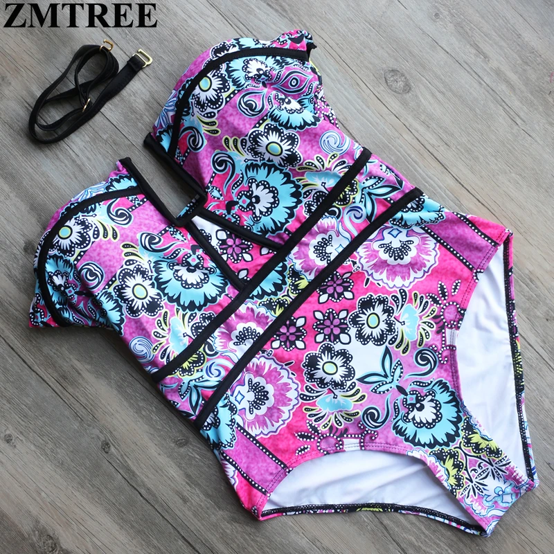 

ZMTREE 2017 Brand Sexy One Piece Bathing Suits Women Bandeau Swimwear Brazilian Swimsuit Printed Plus Size Bodysuit Monikinis