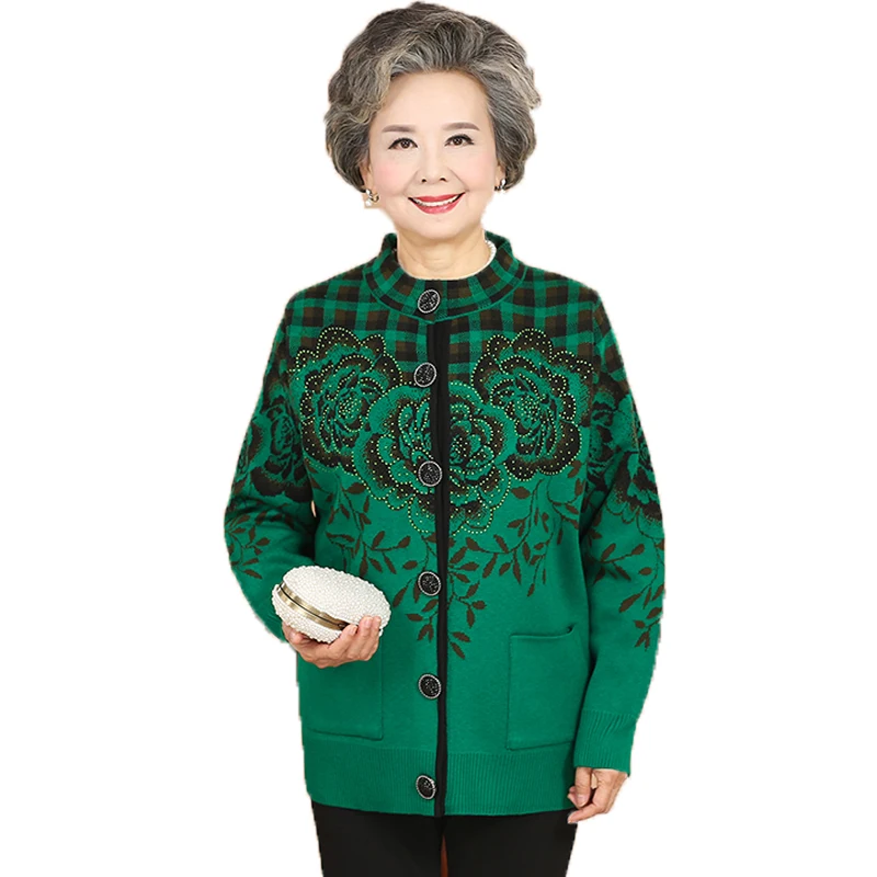 Winter Elderly Woman Flower Cardigans Red Purple Green Paillette Sweaters Mature Lady Crew Neck Knitwear Grandma Knit Cardigan