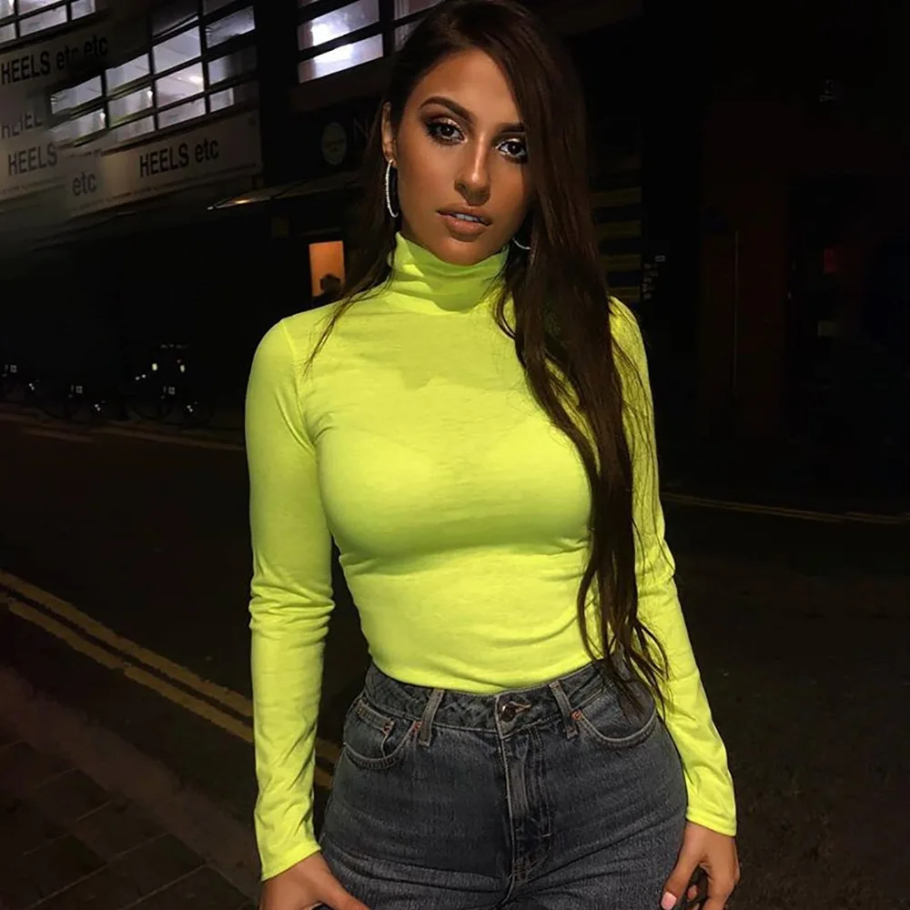 

Turtleneck Crop Top Long Sleeve Shirt Women Fluorescent Green Bodycon Tops Winter Candy Color Casual Tee Shirts
