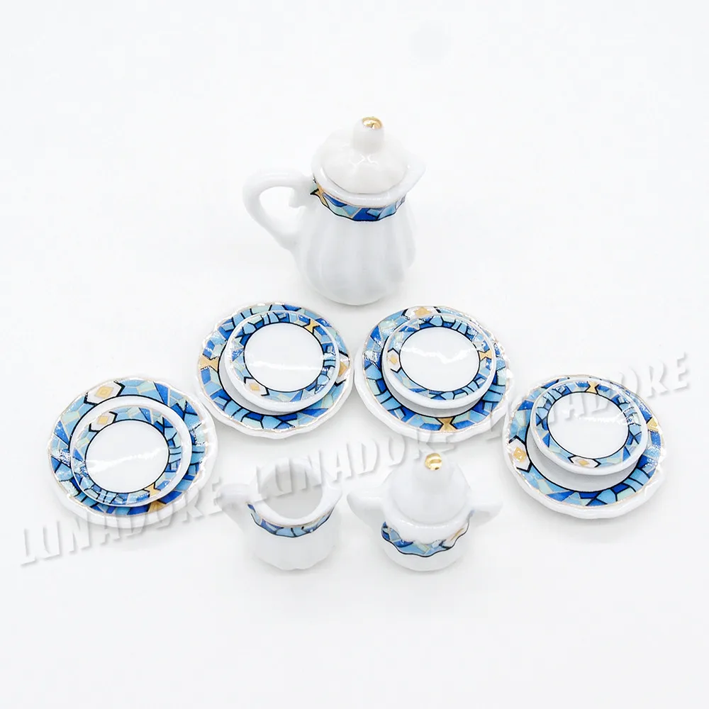 Odoria 1:12, миниатюрный набор фарфоровых чайных чашек, 15 шт., средиземноморский синий с золотой отделкой, посуда для кукол, кухонные принадлежности