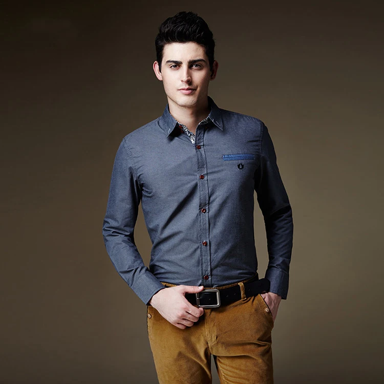 4XL 3 Color 2015 New Arrived Men Jeans Shirt 100 Cotton Long Sleeve