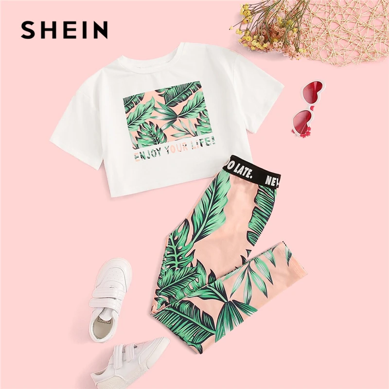 Skup SHEIN Kiddie Girls list i koszulka z nadrukiem roślinnym z legginsami Boho zestawy dwuczęściowe 2019 lato z krótkim rękawem Skinny Kids stroje