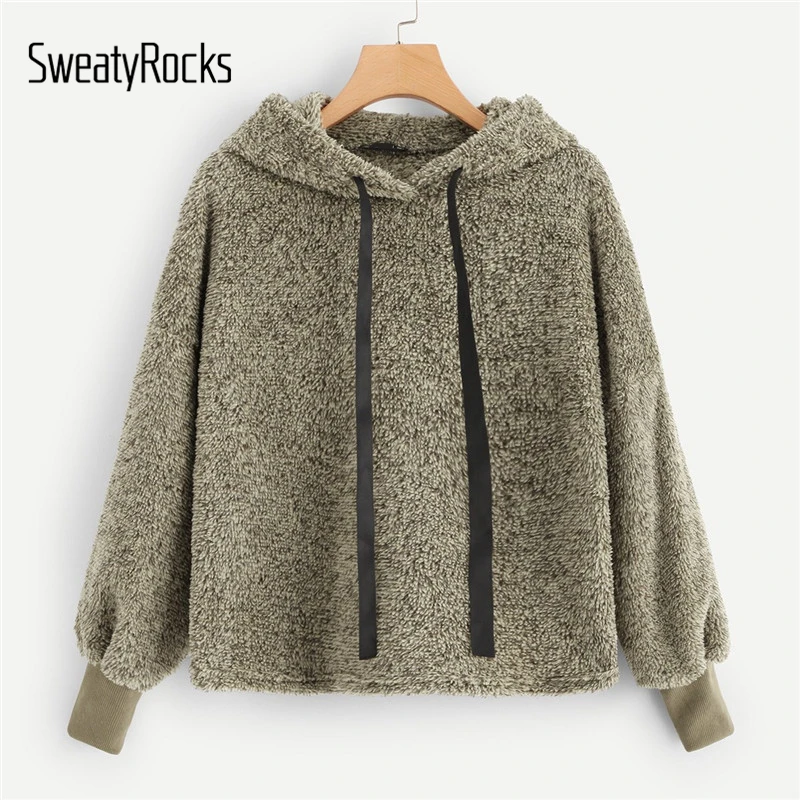 

SweatyRocks Brown Casual Drawstring Teddy Hoodie Long Sleeve Furry Pullovers Tops 2018 New Autumn Winter Warm Sweatshirts