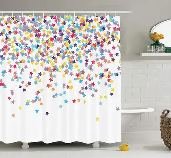 

Falling Star Shaped Confetti Birthday Anniversary Surprise Party Celebration Themed Print Bathroom Shower Curtain Set Blue
