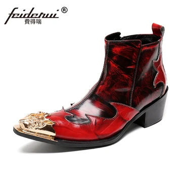 

Plus Size Runway Man Handmade Pointed Toe Metal Tipped Shoes Luxury Designer Genuine Leather Men's Punk Rock Ankle Boots SL84