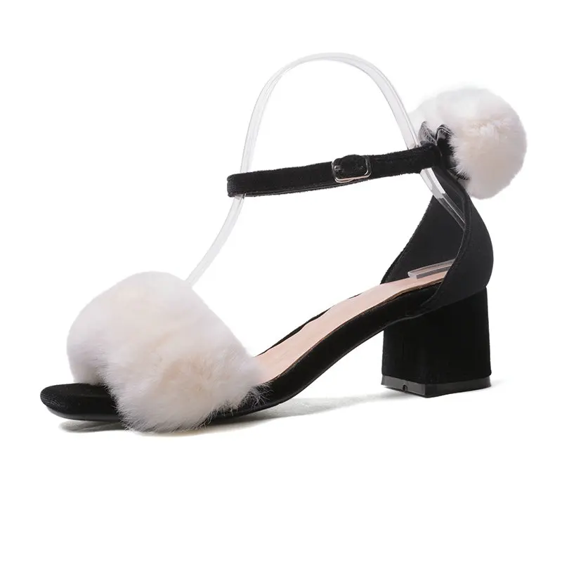 

Black Pink Fashion Fur Ankle Strap Sandals Women Summer Block Heel Shoes Insole Breathable Sandals 2019