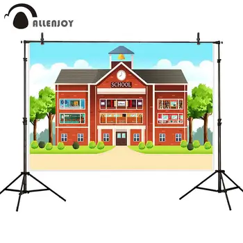 

Allenjoy background for photo back to school building cartoon backdrop photo studio photobooth photocall photography printed
