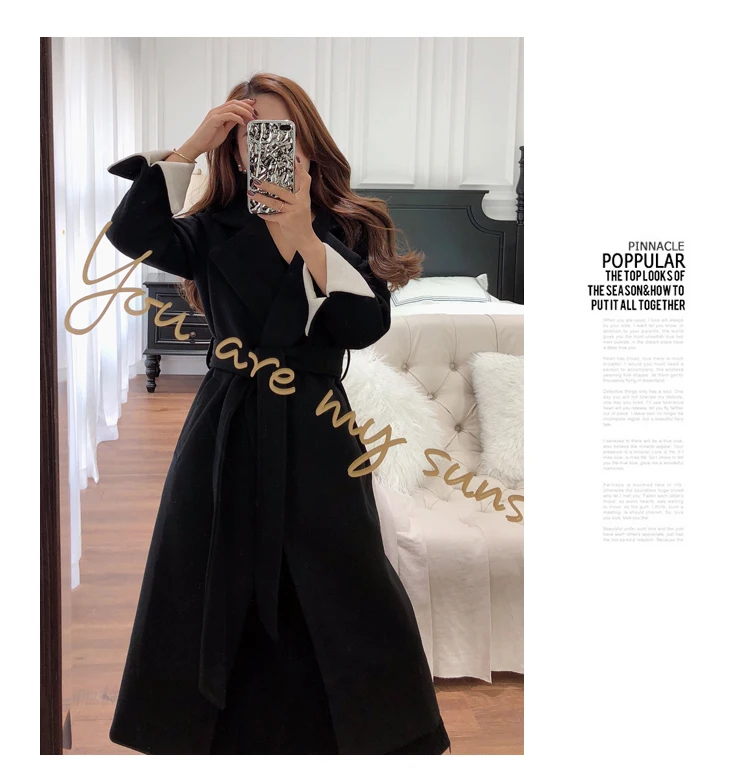 Elegant V Neck Women's Winter Fashion Woolen Overcoat Long Black Trench Dress Coats With Pockets Belt Casaco de la Feminino