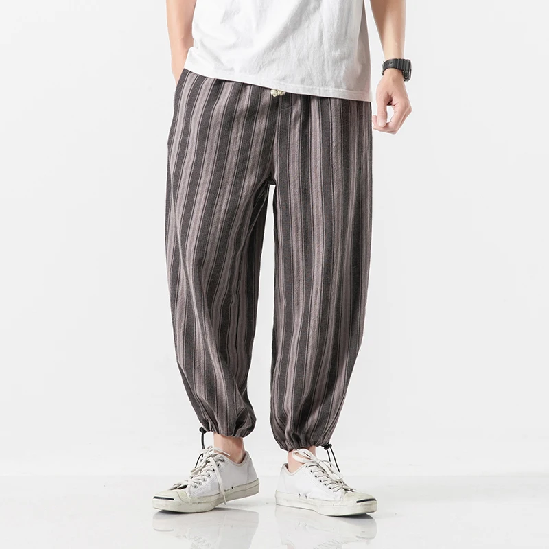 

Casual Cotton Linen Trouser Fashion Stripe Male Harem Pant Men Ankle Banded Jogger Pant Chinese Traditional Clothes 2019 New