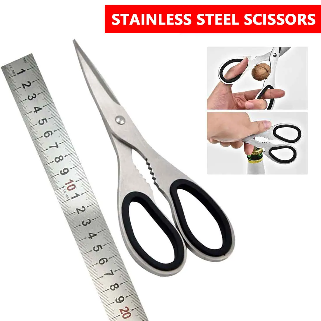 

1PCS 18cm Multifunctional Stainless Steel Poultry Kitchen Scissor Nutcracker Bottle Opener Bone Cutter Cook Tool