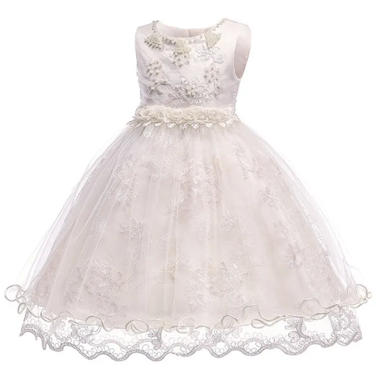 Neonatal Baby Girl Dress for baptism 3-24M Baby Girls Dresses Vestido pearl flower sleeveless birthday tutu princess dress - Цвет: As picture