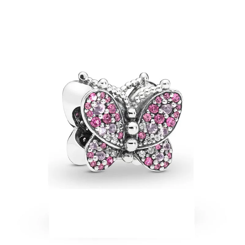 

2019 Spring Real 925 Sterling Silver Bead Dazzling Pink Butterfly Charm Fit Original Women Pandora Bangle Bracelet Diy Jewelry