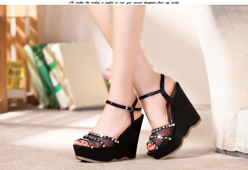 26_2016 Summer Fashion Elegant Footwear Peep Toe Black High Heeled Platform Sandals Silver Diamond Wedges Shoes Women Small Size