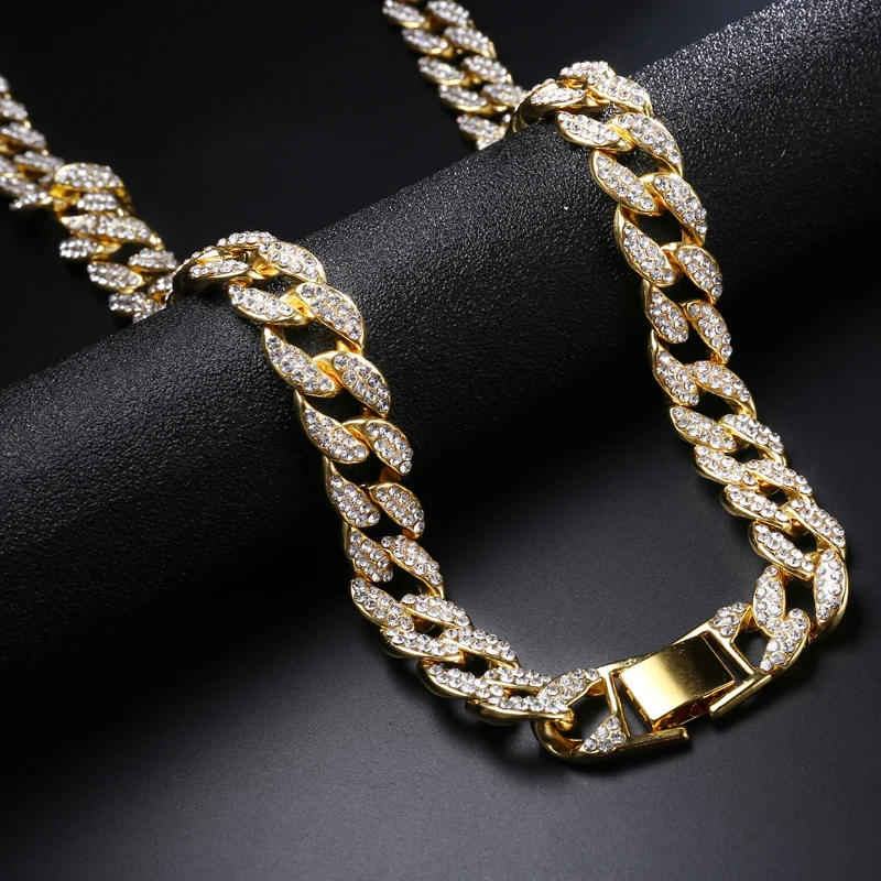 Ожерелье с кубинской цепочкой, с золотым покрытием, проложенные стразы, CZ, шикарное ожерелье, мужские ювелирные изделия в стиле хип-хоп