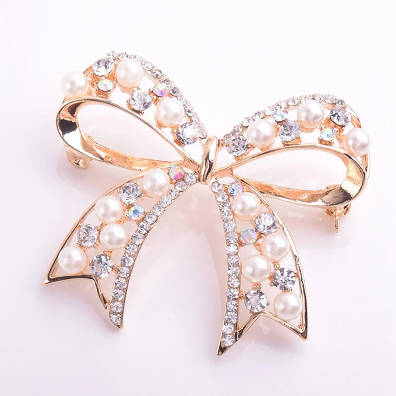 

Popular Cute Exquisite Brooch Big Bow Down Collar Flower Brooch Simulated Pearls Rhinestone