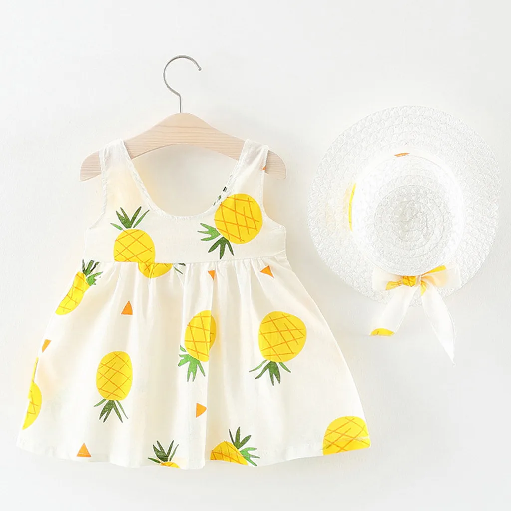 

2019 New Arrival Baby Set Toddler Baby Kids Girls Sleeveless Pineapple Princess Dresses Bow Hat Outfits Baby Cloth Drop Ship