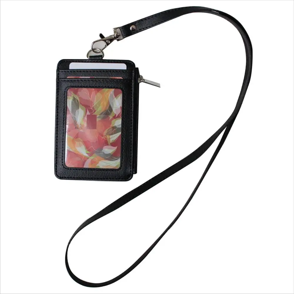 2018 Style Badge Holder with Zipper PU Leather ID Card Neck Strap