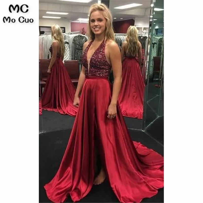 Halter-neck Beading Long Prom Dress Custom-made School Dance Dress Fashion Graduation Party Dress