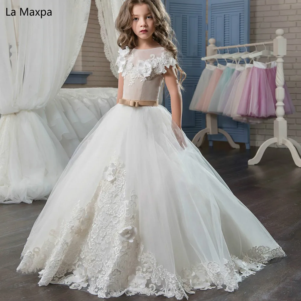 

Children's Wedding Flower Lace Dresses Girls Piano Show Birthday Party White Mesh Dress Baby Costume Catwalk Princess Dress