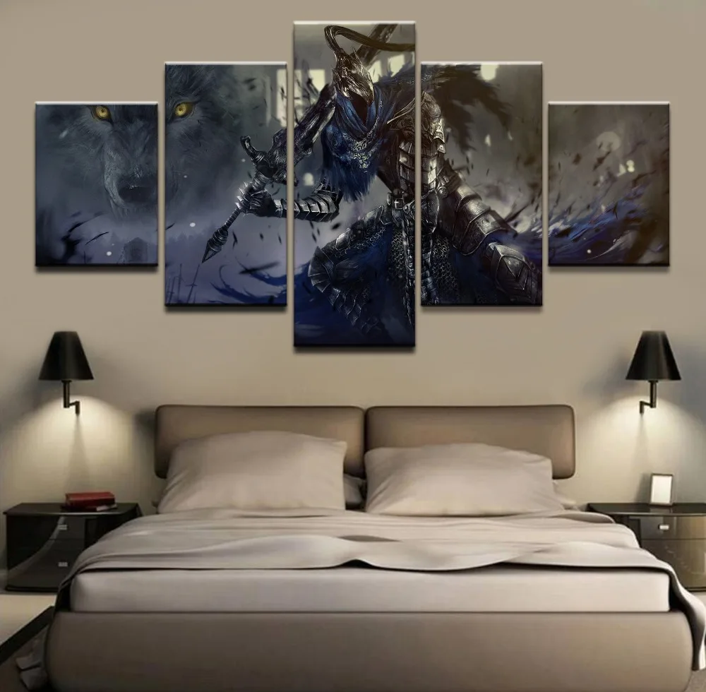 Billige Modulare Bild Hause Dekorative Wand Kunst Ziehen 5 Panels Spiel Dark Souls Krieger Poster Für Moderne Schlafzimmer Leinwand Malerei