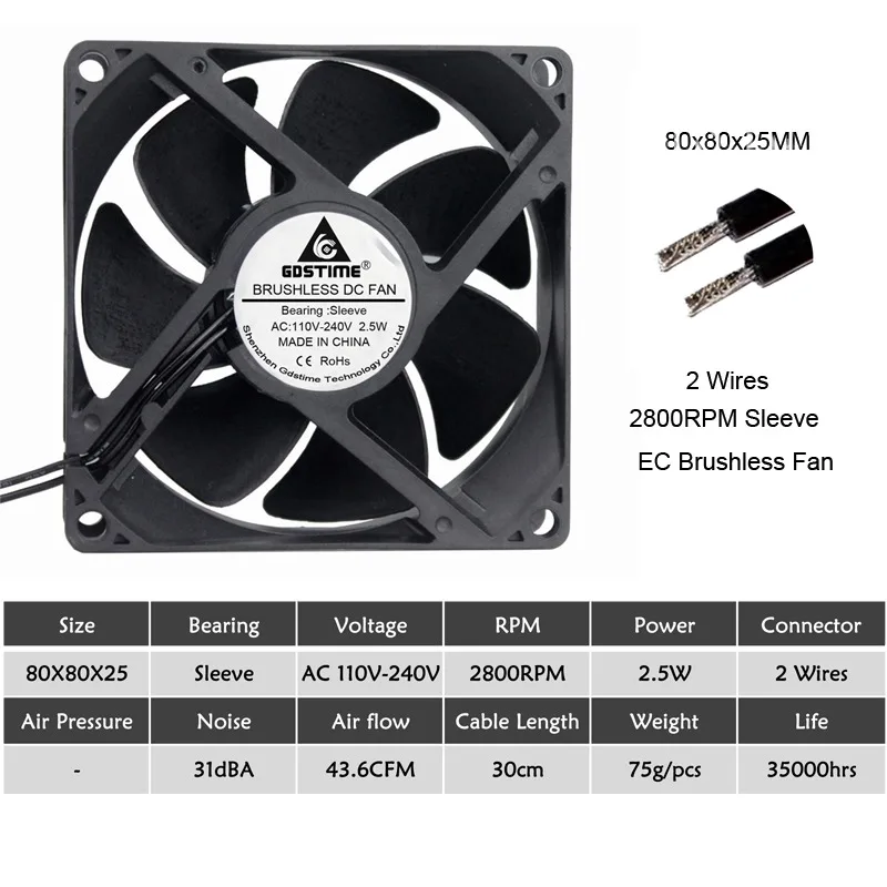Gdstime EC Бесщеточный вентилятор охлаждения переменного тока 110 в 120 в 220 в 240 В шарикоподшипник осевой вентилятор 60 мм 80 мм 90 мм 120 мм - Цвет лезвия: Sleeve 80x80x25mm