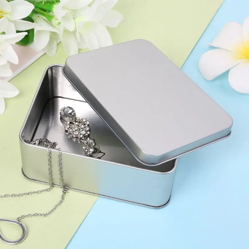 

Portable Rectangular Tin Silver Metal Storage Box Case Organizer For Money Coin Candy Keys Small Items Survival Kit Power Bank