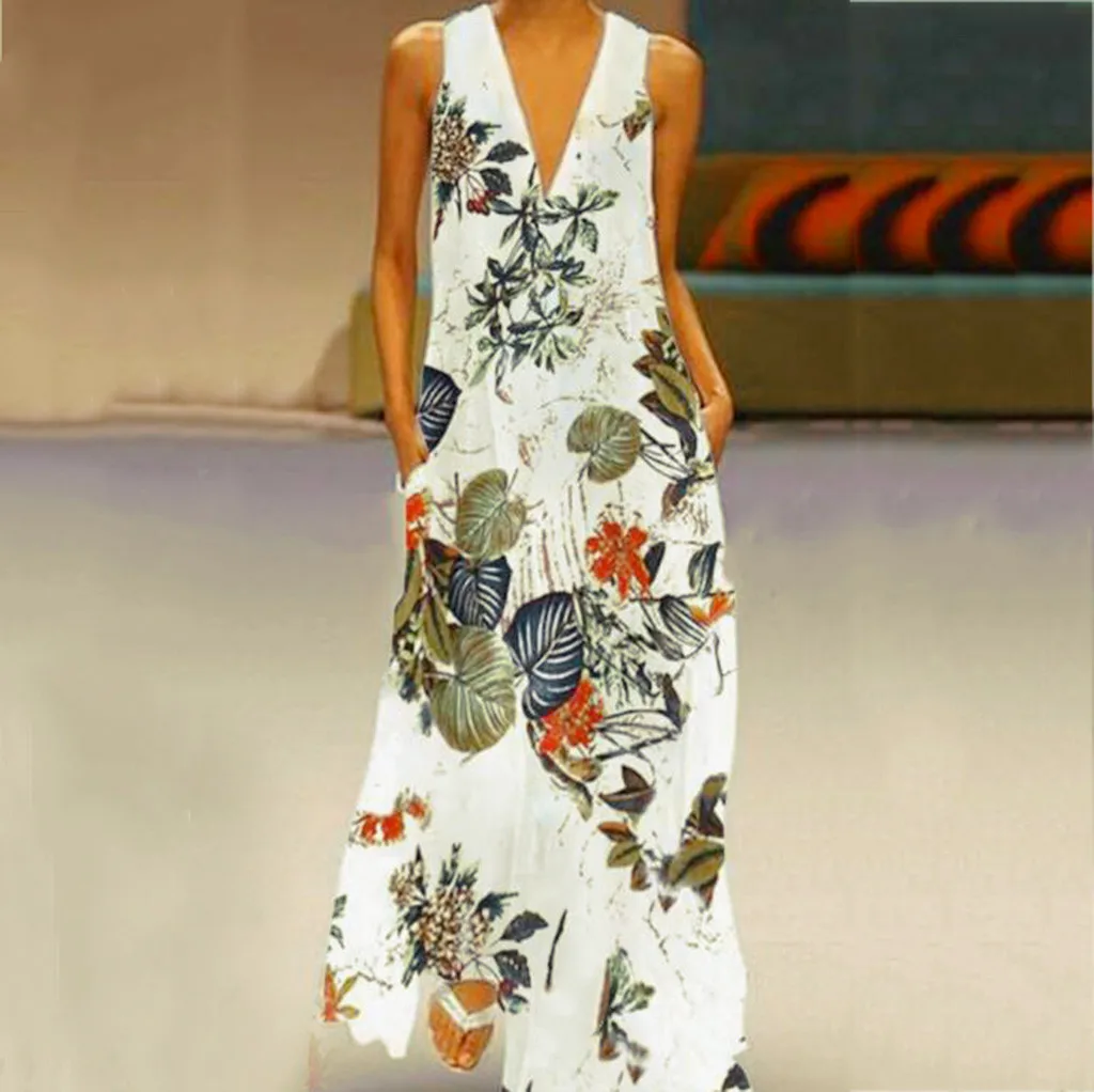 

Fashsiualy Summer 2019 Dresses Women's Casual Sleeveless V-neck Sundress Flower Print Maxi Long Boho Dress Beach Female Vestidos