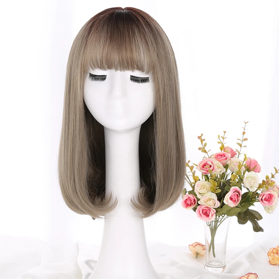 Yiyaobess корейский стиль Синтетический средней длины боб парик с челкой темные корни Омбре волосы Лен серый натуральный прямой женский парик