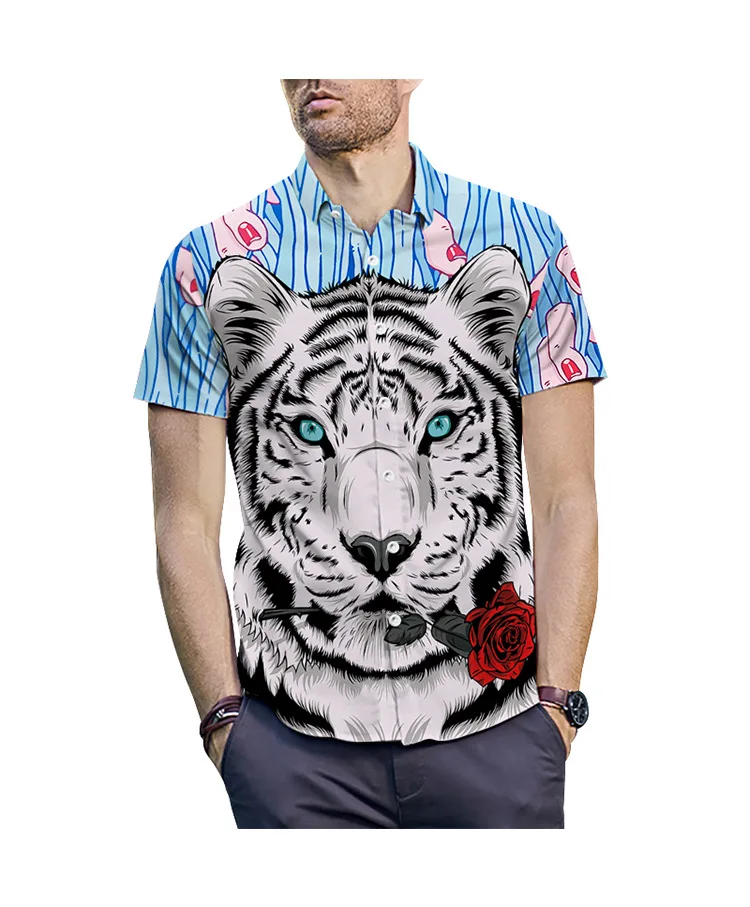 

Creative Tiger Head Printed Shirt Short Sleeve Large Wharf Street Fashion Men's Loose Blouse 2019 Men's Summer Shirt