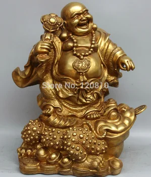 

@@AA16 Chinese Brass Fu Happy Laugh Maitreya Buddha Ru Yi Statue Sculpture