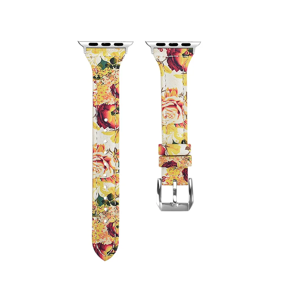 Shellhard Floral Printed Genuine Leather Watch Band Strap For Apple Watch Belt Flower Design link Bracelet For iwatch band
