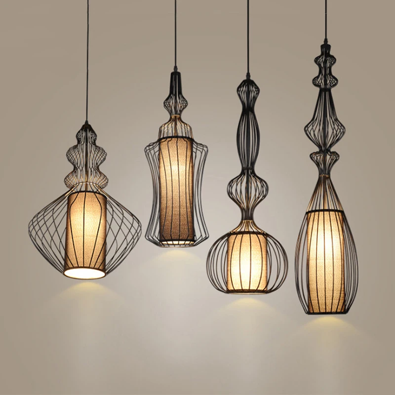 Contemporary Wrought Iron Bibet Pendant Light Black Iron Cage Hanging Fabric Shade Pendant Lamp Indoor Lighting Fixture Restaurant Dining Room (5)