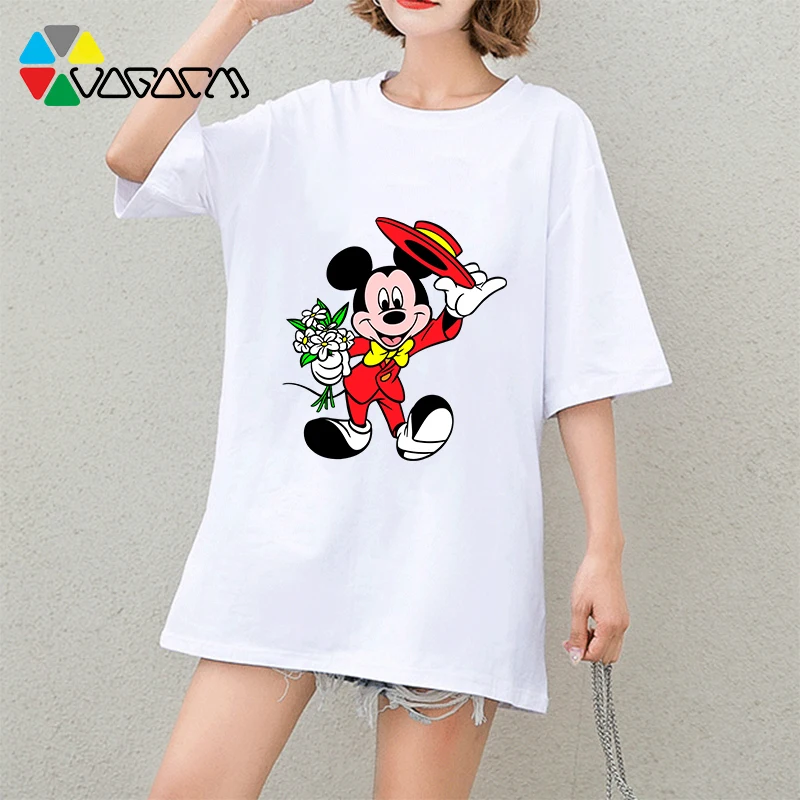 

2019 Mickey Mouse Cartoon Print Fashion Loose T Shit Short Sleeve Harajuku Female Tee Party Club Plus Size Tops Black White