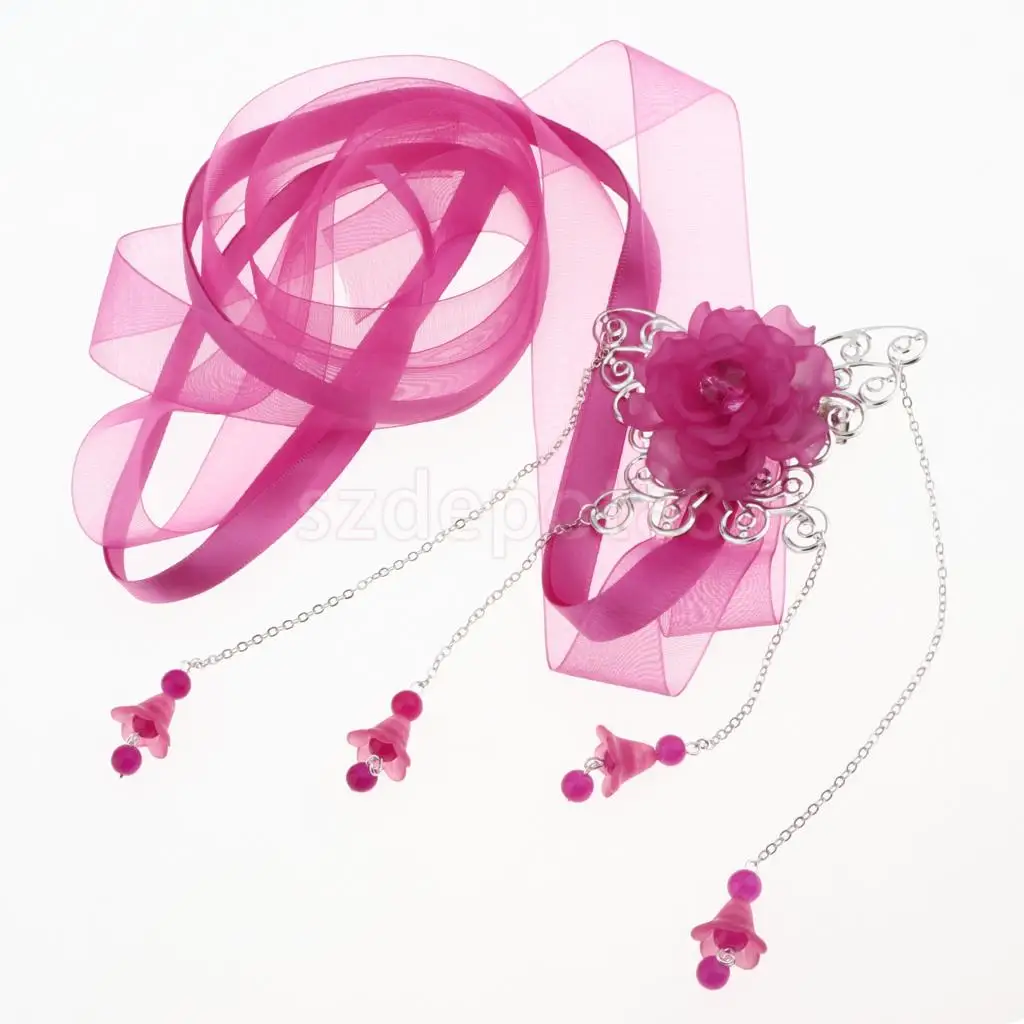Ribbon Flower Chain Tassel Ancient Chinese Headdress Clip & Beads Dangle Earring Set Bridal Wedding Cosplay Party Hair Jewelry