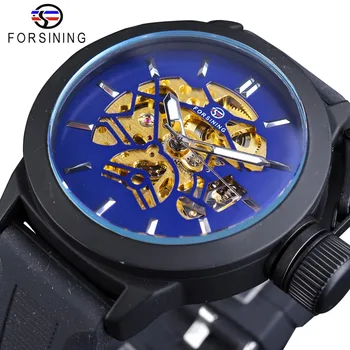 

Forsining Mechanical Wristwatch Sport Watch Blue Golden Display Automatic Self-wind Watch Top Brand Luxury Black Silicone Band